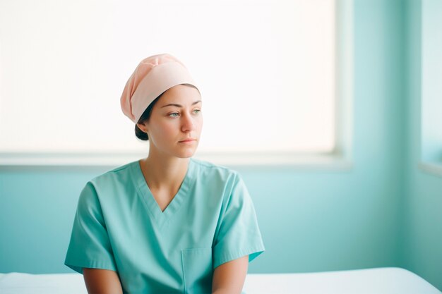 Eine mittelgroße Frau arbeitet als Krankenschwester.