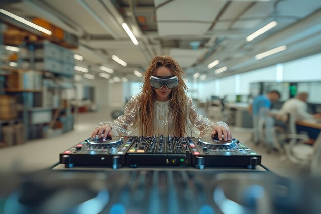 Kostenloses Foto eine mittelgroße frau djing mit vr-brille