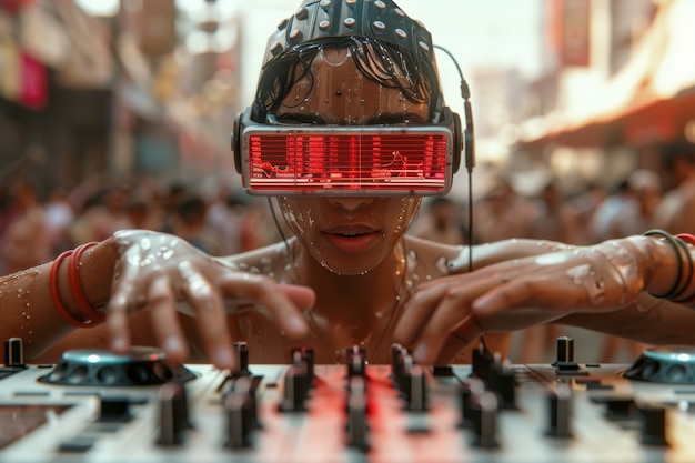 Eine mittelgroße Frau DJt mit Augmented-Reality-Brille