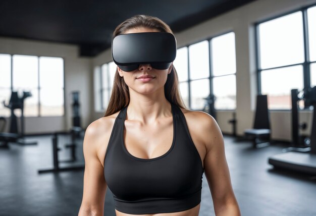 Eine mittelgroße Frau macht Fitness mit einer VR-Brille.