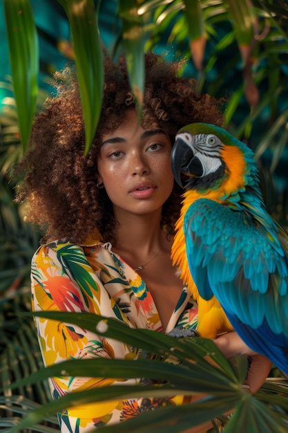 Kostenloses Foto eine mittelgroße frau posiert mit einem papagei