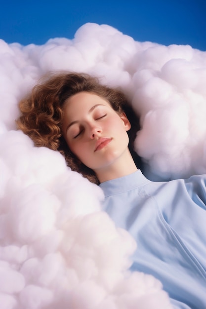 Eine mittelgroße Frau schläft auf Wolken