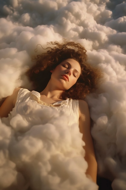 Eine mittelgroße Frau schläft auf Wolken