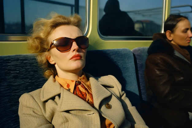 Eine mittelgroße Frau schläft im öffentlichen Verkehrsmittel