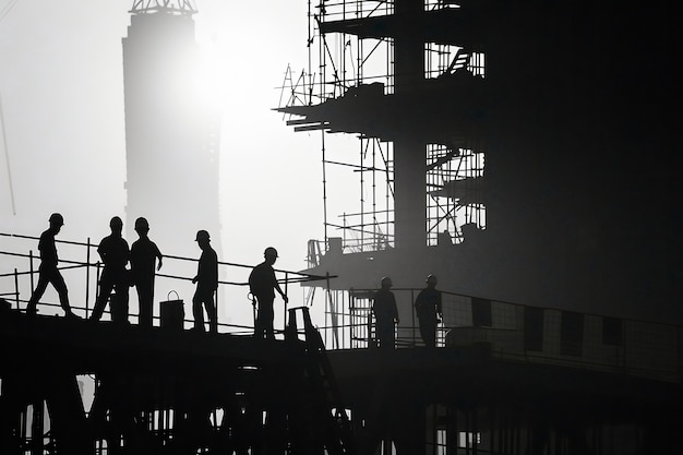 Eine monochrome Szene, die das Leben der Arbeiter auf einem Baustell darstellt