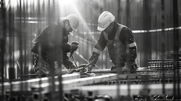 Kostenloses Foto eine monochrome szene, die das leben der arbeiter auf einem baustell darstellt