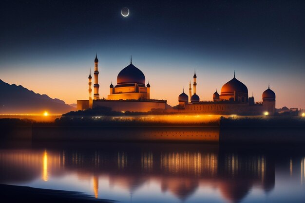 Eine Moschee am Abend mit dem Mond im Hintergrund