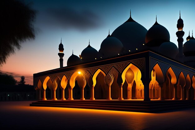 Eine Moschee mit einem hellen Licht auf der Spitze