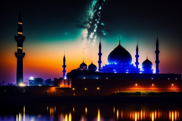 Kostenloses Foto eine moschee mit einem strahlend blauen himmel und den lichtern, die sich auf dem wasser spiegeln