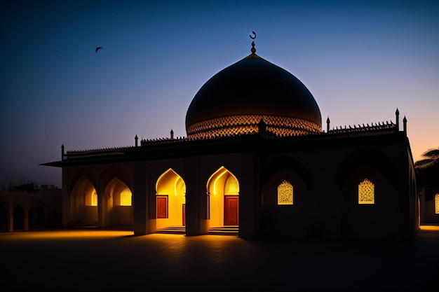 Kostenloses Foto eine moschee mit nachts eingeschaltetem licht und einem blauen himmel dahinter.