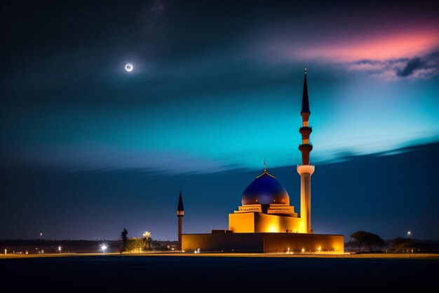 Eine Moschee nachts mit dem Mond am Himmel