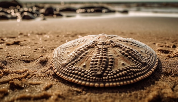Kostenloses Foto eine muschel an einem strand mit dem ozean im hintergrund