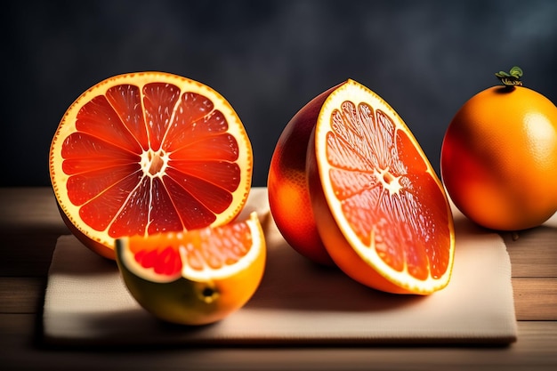 Kostenloses Foto eine nahaufnahme von drei orangen auf einem schneidebrett, von denen eine halbiert wird