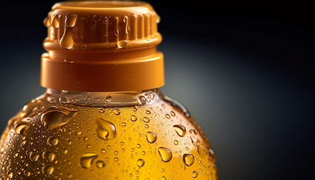 Eine nasse Glasflasche erzeugt ein erfrischendes gelbes Getränk, das von KI erzeugt wird