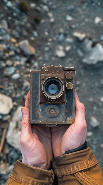 Kostenloses Foto eine person, die eine vintage-kamera in den händen hält, nachdem sie sie bei einem gartenverkauf gefunden hat.