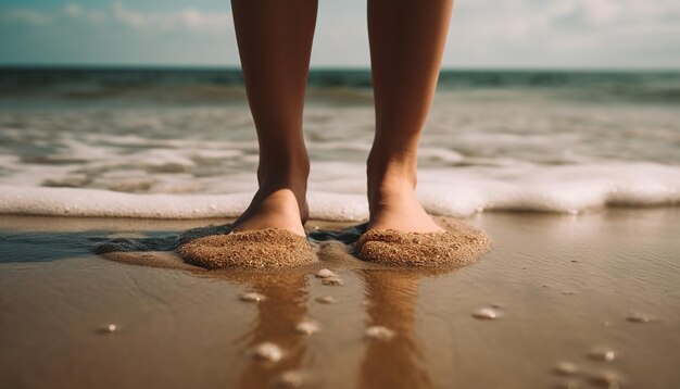 Eine Person, die mit den Füßen im Sand am Strand steht.