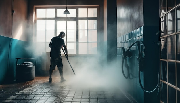 Kostenloses Foto eine person, ein geschäftsmann, steht drinnen in einer von ki generierten fabrik