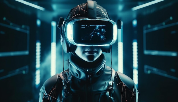 Eine Person steht drinnen und trägt eine Schutzbrille und nutzt futuristische, von KI generierte Technologie