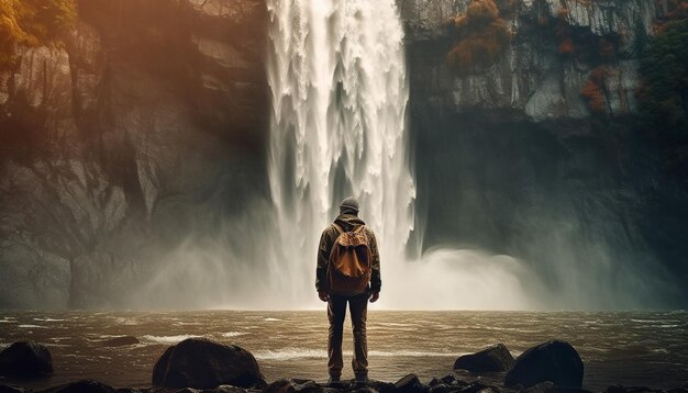 Eine Person steht mit Rucksack am Rand einer Klippe, generiert von KI