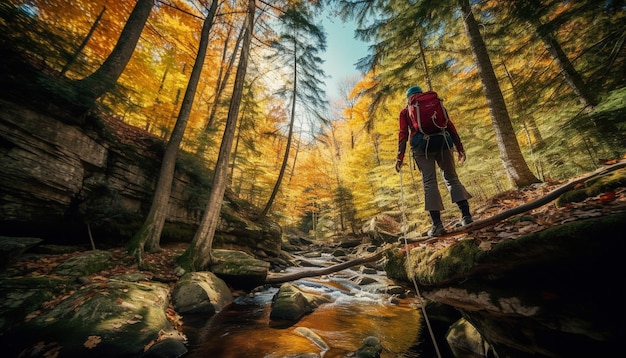 Kostenloses Foto eine person wandert mit rucksack und genießt die ruhige herbstliche waldlandschaft, die von ki erzeugt wurde