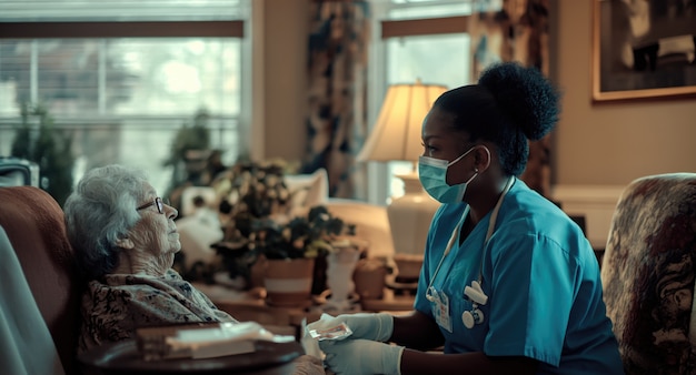 Eine realistische Szene mit einem Gesundheitsarbeiter, der sich um einen älteren Patienten kümmert