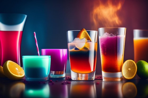 Kostenloses Foto eine reihe bunter cocktails mit eiswürfeln und einer flasche alkohol im hintergrund.