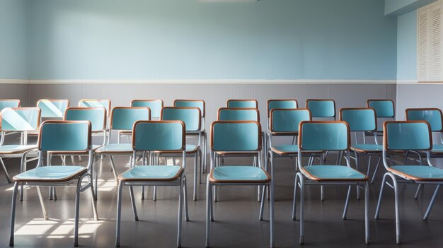 Eine Reihe leerer Stühle gegenüber einem Whiteboard im Klassenzimmer, das auf Schüler wartet