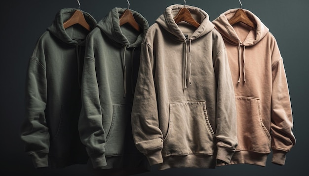 Eine Reihe von Kapuzenpullovern in verschiedenen Farben und einer mit der Aufschrift „Hoodie“.