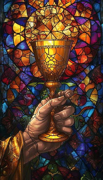 Eine religiöse Szene der heiligen Kommunion, die auf farbenfrohen Glasmalereien dargestellt ist
