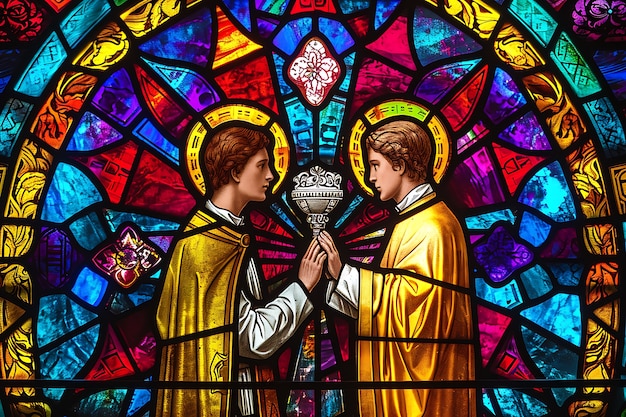 Kostenloses Foto eine religiöse szene der heiligen kommunion, die auf farbenfrohen glasmalereien dargestellt ist
