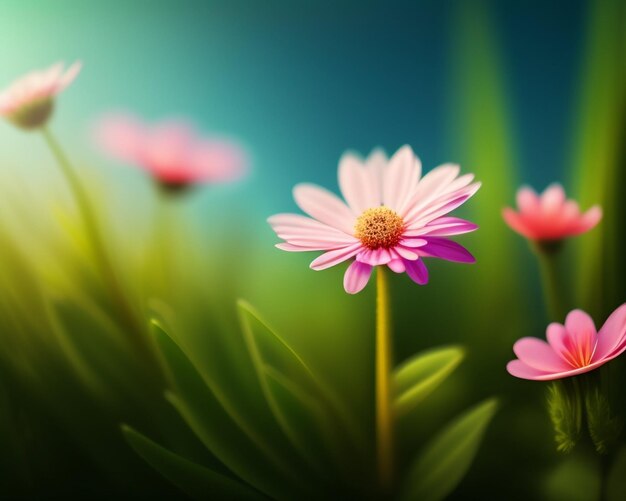 Eine rosa Blume steht im Vordergrund vor einem grünen Hintergrund.