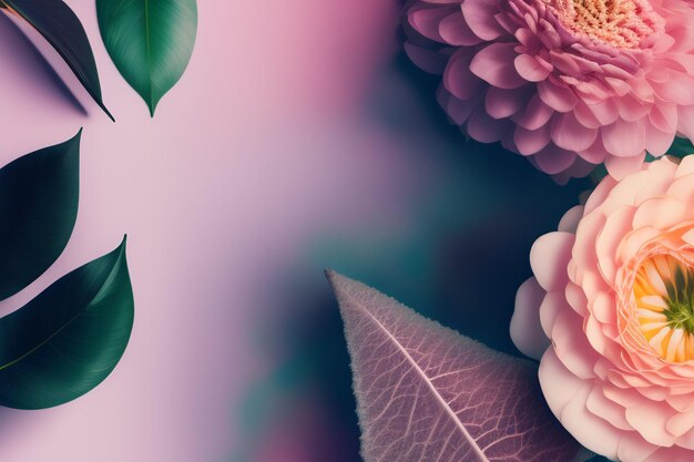 Eine rosa und gelbe Blume mit Blättern auf einem rosa Hintergrund