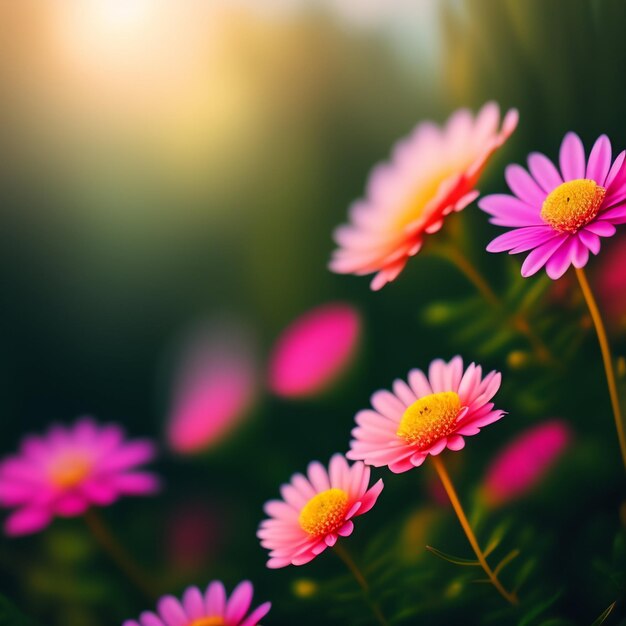 Eine rosa und gelbe Blume steht im Vordergrund eines Blumenfeldes.