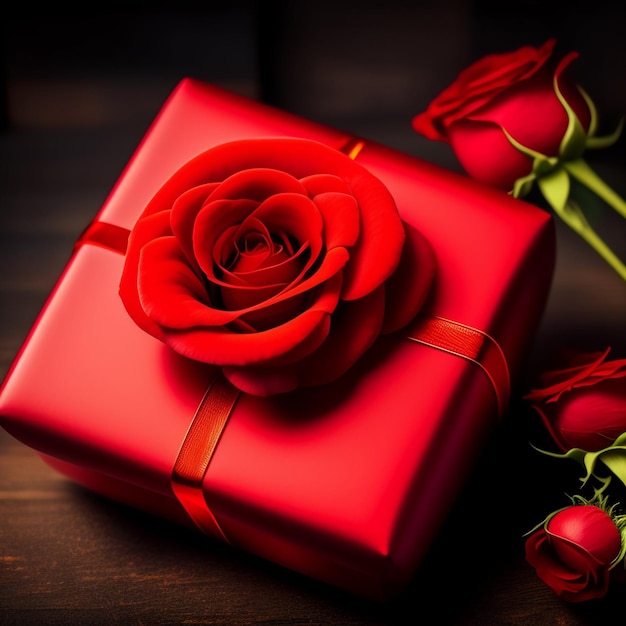 Kostenloses Foto eine rote geschenkbox mit einer rose darauf und zwei rosen daneben.