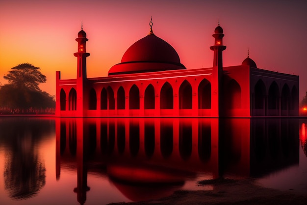 Kostenloses Foto eine rote moschee mit einer reflexion des himmels und der darauf scheinenden sonne.