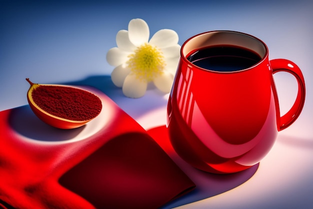 Kostenloses Foto eine rote tasse kaffee und ein handy mit einer blume darauf