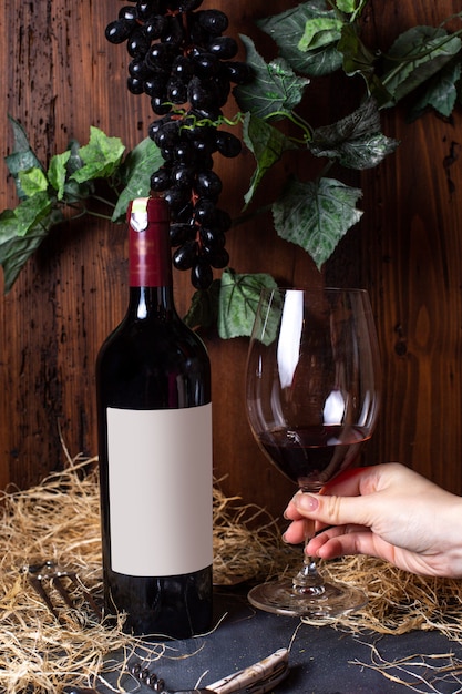 Eine Rotweinflasche Rotwein der Vorderansicht zusammen mit schwarzen Trauben und grünen Blättern lokalisiert auf dem grauen Schreibtischalkohol-Weingutgetränk