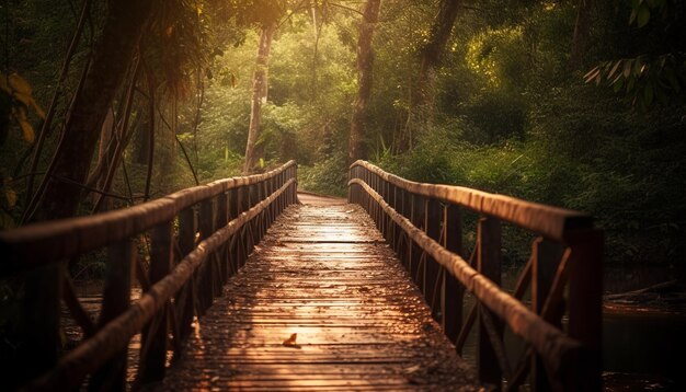 Eine ruhige Fußgängerbrücke überquert einen nebligen Waldwasserweg, der von KI generiert wurde