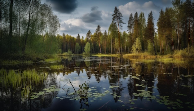 Kostenloses Foto eine ruhige landschaft grüner bäume spiegelt sich in einem ruhigen teich wider, der durch künstliche intelligenz erzeugt wurde