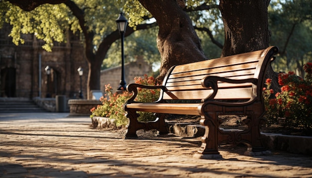 Eine ruhige Szene in der Natur, die auf einer Holzbank sitzt, erzeugt durch künstliche Intelligenz