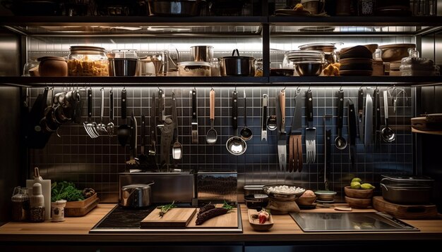 Eine rustikale Küchentheke zeigt eine von KI generierte Sammlung frischer Lebensmittel