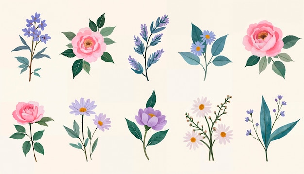 Eine Sammlung von Blumen, darunter lila, rosa und lila.