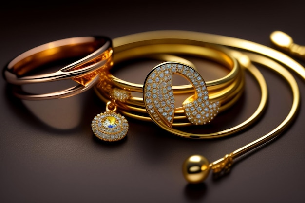 Eine Sammlung von goldenen Armreifen und Armbändern mit Diamanten darauf.