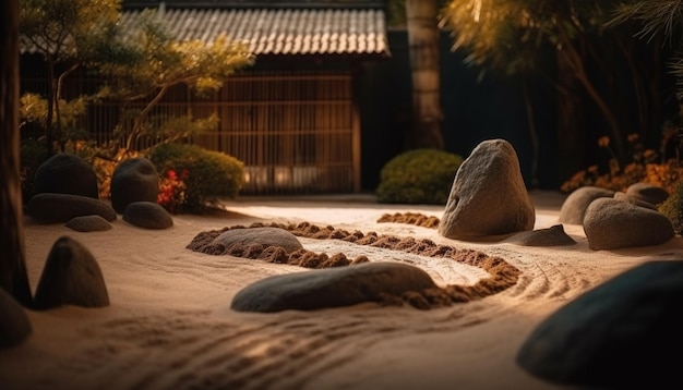 Eine Sandskulptur im Sand mit einem Baum im Hintergrund