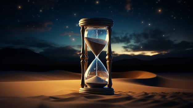 Kostenloses Foto eine sanduhr im sand vor dem hintergrund eines sternenreichen himmels