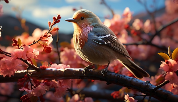 Kostenloses Foto eine schöne taube sitzt auf einem zweig, umgeben von kirschblüten, die von künstlicher intelligenz erzeugt wurden