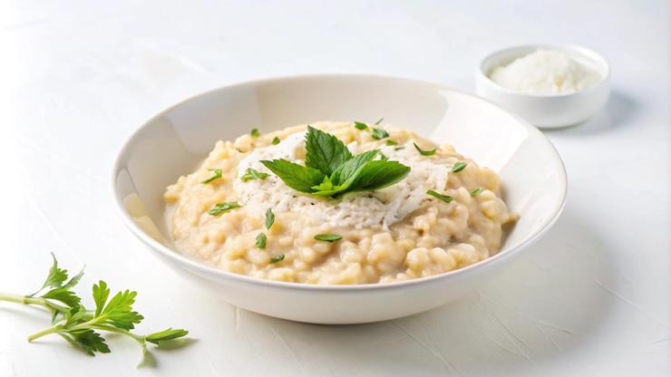 Kostenlose Foto eine schüssel cremigem risotto mit geriebenem käse und frischen kräutern