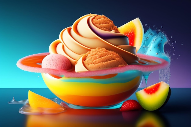 Kostenloses Foto eine schüssel eis mit einer scheibe wassermelone obendrauf.