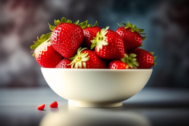 Eine Schüssel Erdbeeren mit einem herzförmigen Schatten auf dem Tisch.