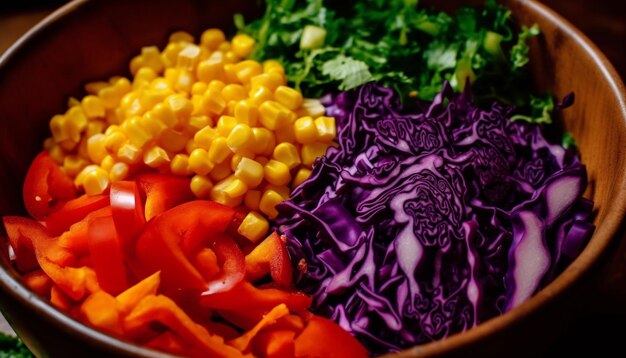 Eine Schüssel mit buntem Gemüse mit dem Wort Salat darauf